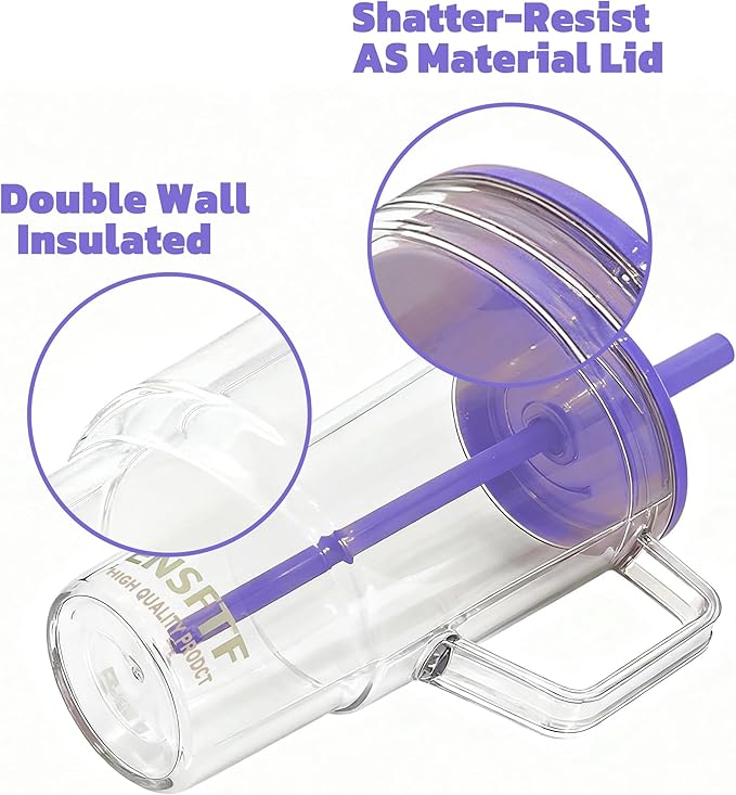40oz Insulated Clear Tumbler with Handle and Lid & Straw, Reusable Travel Mug for Cold and Hot Drinks, Double-Wall Plastic Water Bottle | Crystal-Clear | Car Cup Holder Fit | Leakproof | BPA-Free