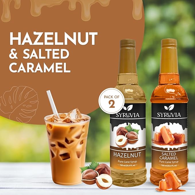 Syruvia Coffee Syrup Variety Pack - Hazelnut & Salted Caramel- Gluten - Free, Kosher, 25.4 fl oz Bottles - Enhance Your Coffee Experience with Premium Flavoring Syrups