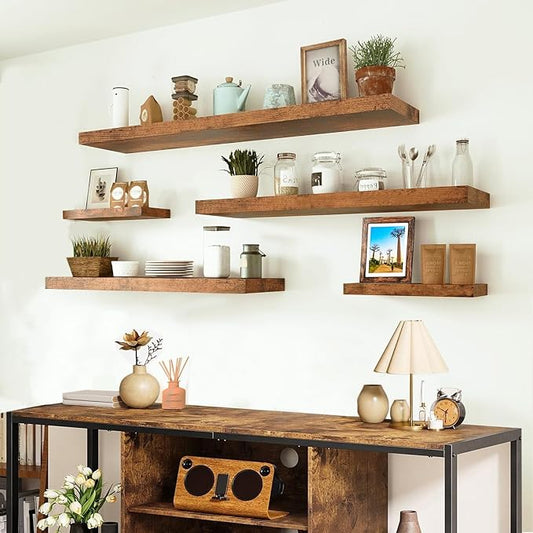 Set of 2 Rustic Shelves for Wall - 16 Inch Rustic Wood Floating Shelves with 1/5" Thicker Steel Brackets | Heavy Duty Farmhouse Wall Shelves | Solid Wood Core |Brown Wood Shelves for Décor