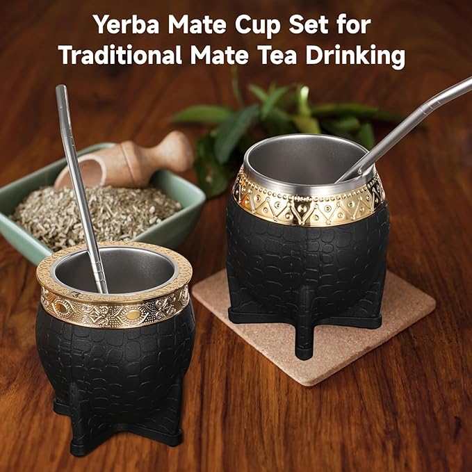 2PCS Yerba Mate Cup, 6 oz Stainless teel Mate Cup with Straw, Double Wall Vacuum Insulated Yerba Mate Gourd for Traditional Mate Tea Drinking (Black)