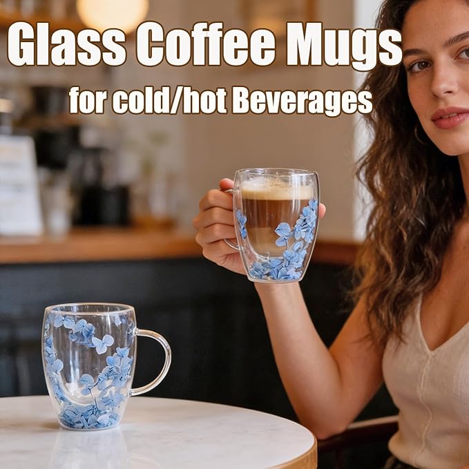 Viovian 13oz Double Wall Glass Coffee Mugs Set of 2 Insulated Glass Coffee Cups with Handles,Clear Dried Flower Tea Mug for Hot Beverages,Tea Cup Women Birthday Gifts