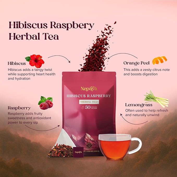 Hibiscus Raspberry Herbal Tea Bags, Caffeine Free Pyramid Tea Bags, Fruity Berry Blend with Rosehip, Lemongrass & Orange Peel, Hot or Ice Tea, 50 Biodegradable Bags