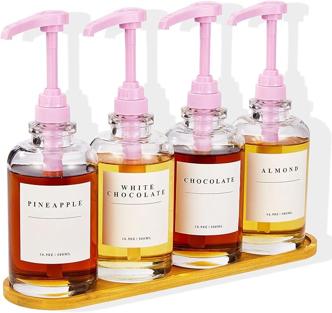 Coffee Syrup Dispenser for Coffee Bar, Coffee Syrup Pump Dispenser, Glass Syrup Bottle with Pink Upgraded Pump, 4 Pack 16.9 oz 500 ml Syrup Dispensers, 28 Labels and Bamboo Tray