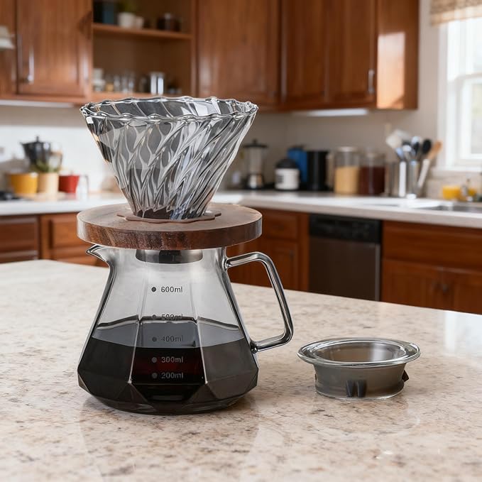 BeeCa Smoked Glass Pour Over Coffee Maker Set, 20oz/600ml All-in-One Brewer, Borosilicate Carafe with Handle & Lid, Includes 50 cone-shaped paper filters (Size 02), Home Office Essential