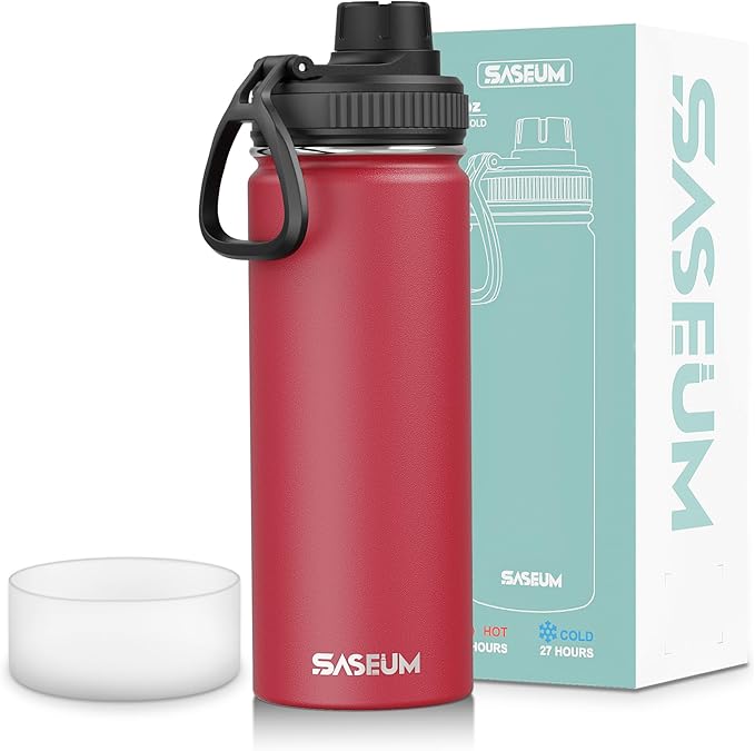 SASEUM Sport Water Bottle 18oz Stainless Steel Double Wall Vacuum Thermal Mug with Leak Proof Spout Lids, Wide Mouth Metal Insulated Water Jug for Gym and Travel（Red）