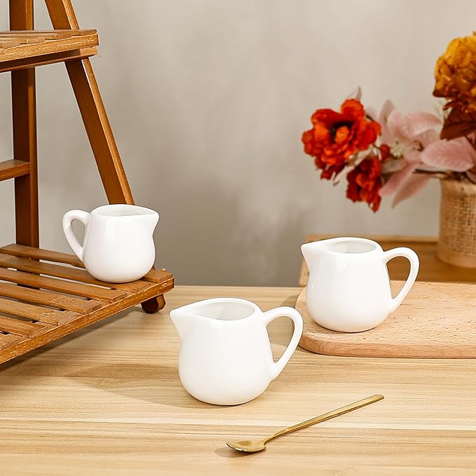 Koythin 2-Piece Ceramic Small Coffee Creamers, Tiny Creamer Pitcher for Milk Sauces Chocolate Jam, Adorable White Milk Pitchers for Parties Afternoon Tea, Mini Salad Dressing Container (2.9 oz/85 ml)