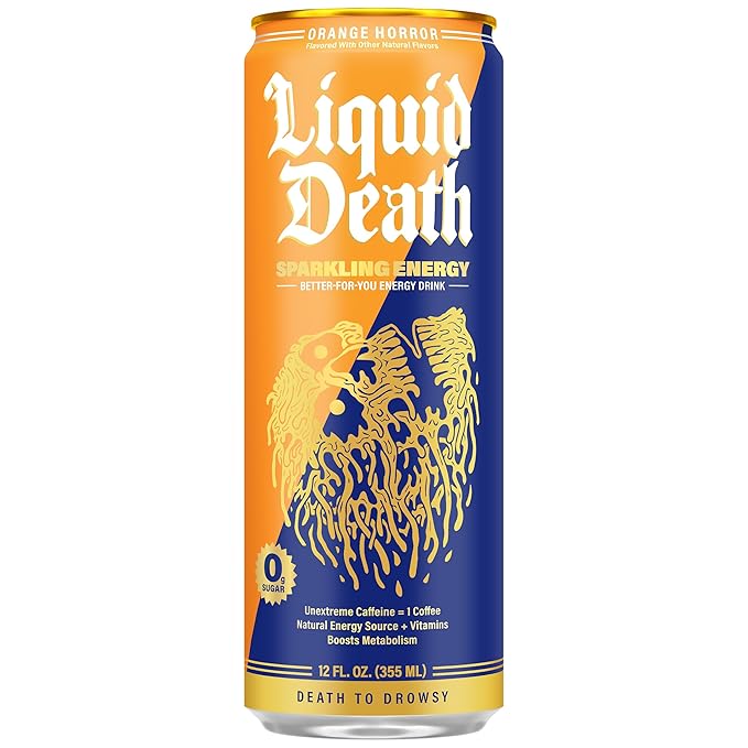 Liquid Death Sparkling Energy - Orange Horror (Orange and Cream), Sugar-Free Energy Drink, Unextreme Caffeine 100mg, B Vitamins, 12 Fl Oz (Pack of 12)