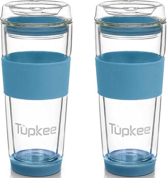 Tupkee Double Wall All Glass Tumbler - 14-Ounce, Reusable Insulated Tea/Coffee Mug & Lid, Hand Blown Glass Travel Mug - Niagara - 2 Pack