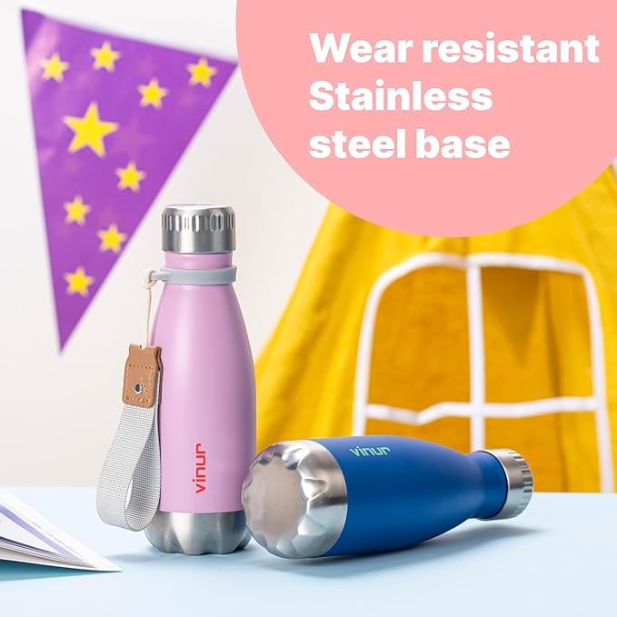 VINUR Kids Water Bottle-12 oz Stainless Steel Double Wall Vacuum Insulated Water Bottle for School-Cola Shape Flask with Carry Rope(Canyon Red)