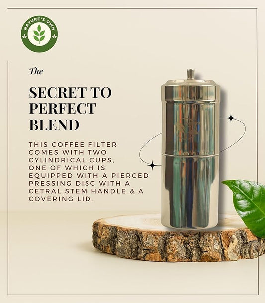 Nature's Own South Indian Phin Filter Coffee Maker Stainless Steel, 3-4 Cup Madras Coffee Maker, Permanent Brew Kaapi Drip Decoction Maker Dripper Pour Over Coffee Makers for Home & Kitchen- 250ml