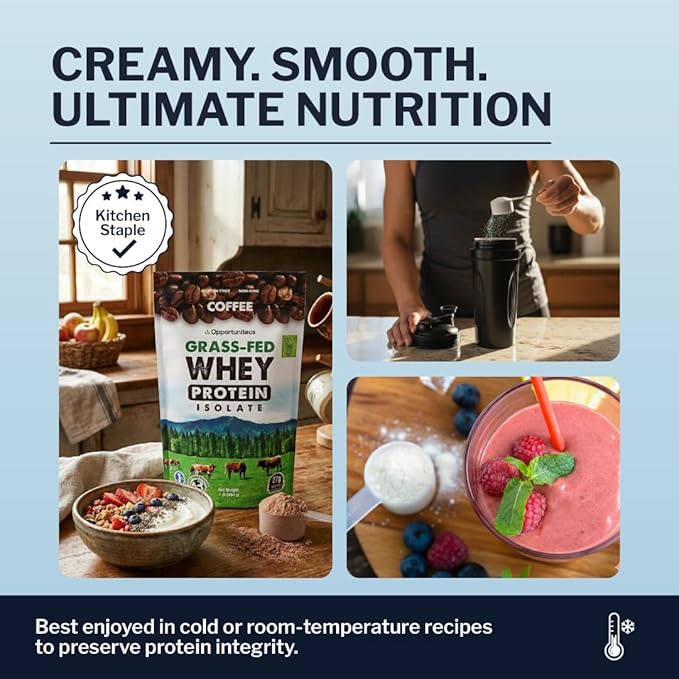 Opportuniteas Grass Fed Coffee Whey Isolate Protein Powder – 27 g Protein per Serving, Heavy-Metal Tested, Made with Real Colombian Coffee, Non-GMO, Hormone-Free, Sourced from Ireland, 2.5 lb