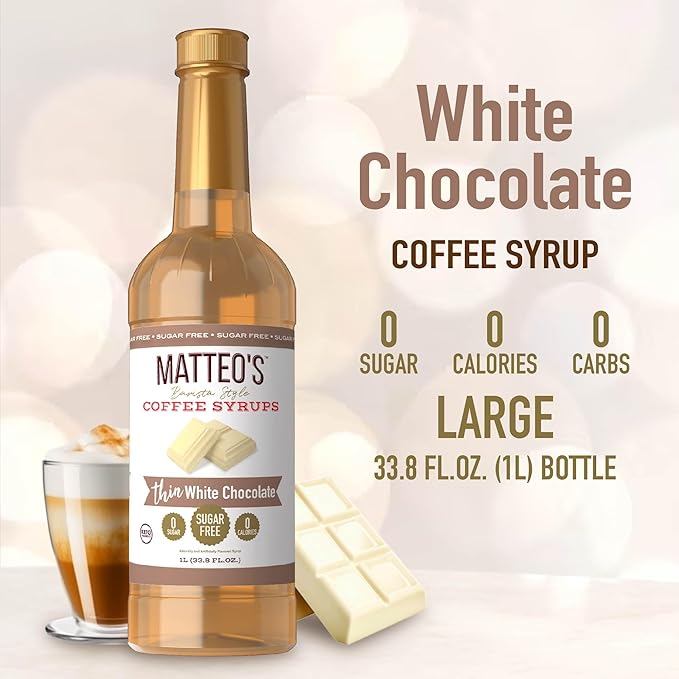Matteo's White Chocolate Syrup for Coffee, Lattes, Cappuccinos & Desserts – Sugar-Free Sweetener for Beverages, Keto Friendly, Zero Calories, Indulgent Flavor, Non-Alcoholic, 33.8oz (1pk)