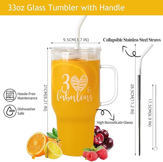 Wells 30th Birthday Gifts for Her, Fabulous 30 Year Old Happy Birthday Gifts for Women, Best Friends, Female, Wife, Daughter, Sister, Girlfriend, Coworker - Large 33oz Glass Tumbler