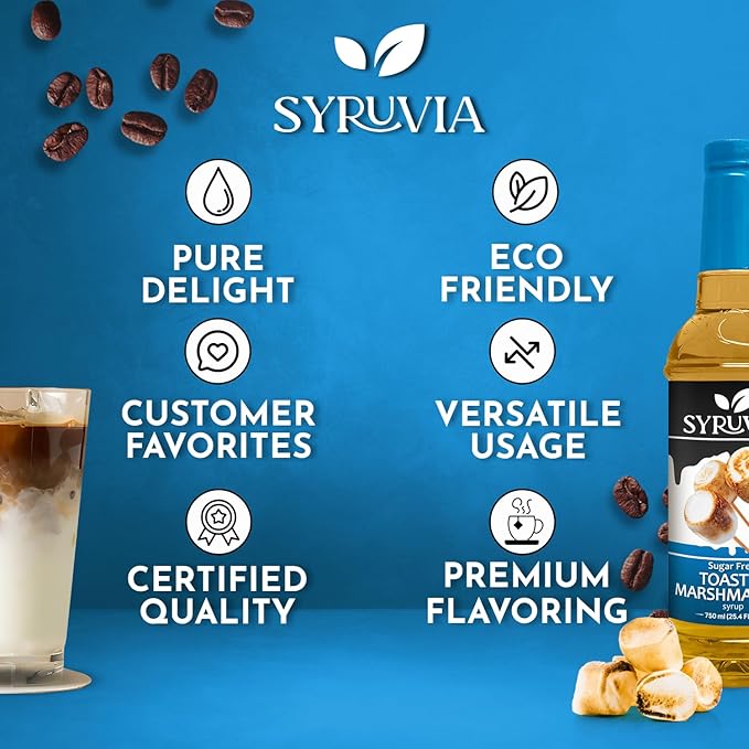 Syruvia Sugar Free Coffee Syrup, Toasted Marshmallow Flavored Syrup for Drinks, Lattes, and Desserts – 25.4 fl oz, With Pump