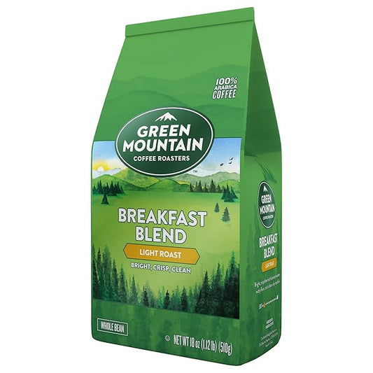 Green Mountain Coffee Roasters Breakfast Blend, Whole Bean Coffee, Bagged 18 oz (Pack of 2)