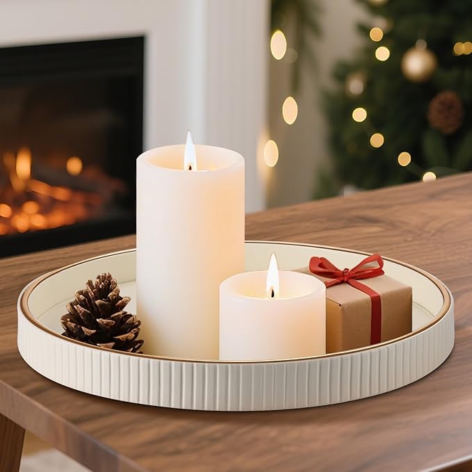 KINGFOM Round Decorative Tray, PU Leather Vanity Tray Organizer with Gold Trim for Dresser, Coffee Table & Bathroom Counter, Modern Home Decor Jewelry & Perfume Tray for Men Women (Ivory White)