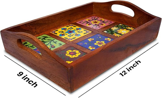 Craft Trade Mango Wood Serving Tray with Handle and 6 Fitted Floral Ceramic Tiles Wooden Platters Perfect for Breakfast Tea Coffee Snacks Dinner 30x23x8 cm Rectangle