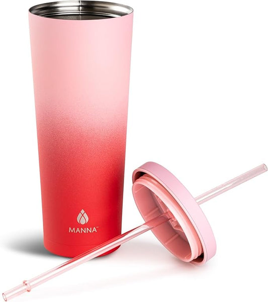 Manna Chilly Double-wall Vacuum Insulated Stainless Steel Tumbler with Splash-proof Lid and Reusable Tritan Straw - 24 Oz - Red Ombre