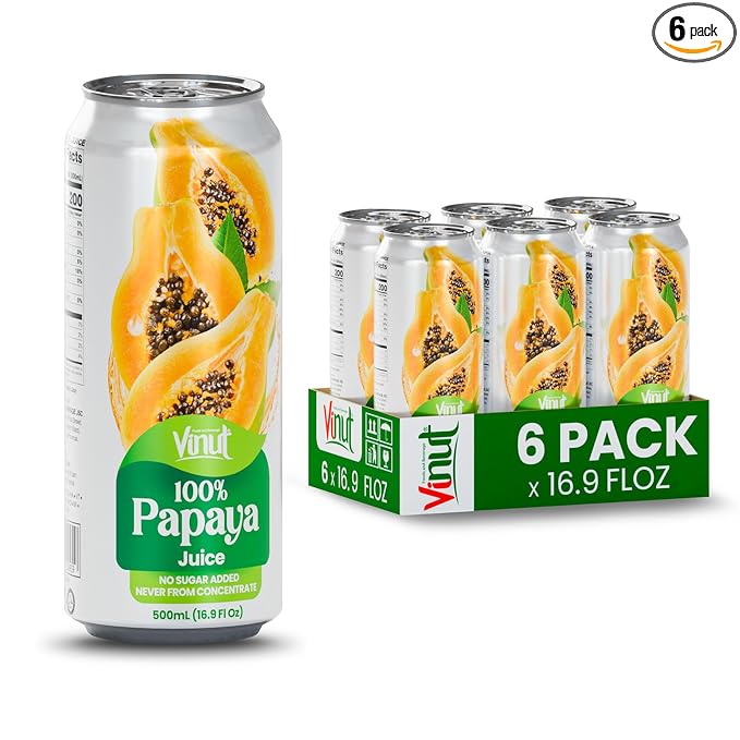 VINUT 100% Papaya Juice, No Added Sugar, Not From Concentrate, 16.9 fl oz (500 mL) Can, Pack of 6