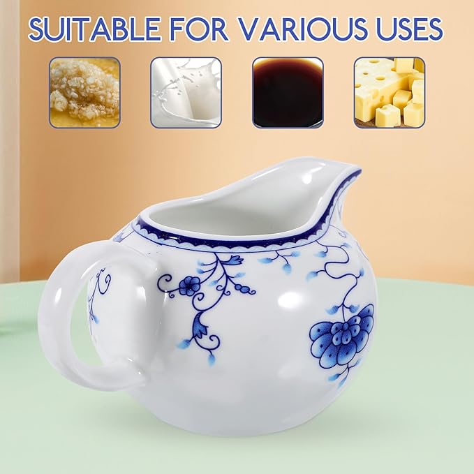 170ml/5.99oz Creamer Pitcher Small Porcelain Ceramic Creamer Pitcher Small Blue and White with Handle for Coffee Sauces Salad Milk