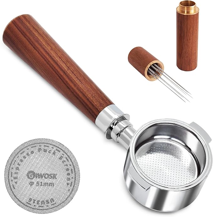 51mm Bottomless Portafilter 2 Ears Stainless Steel Espresso Portafilter Compatible with Delonghi ECP3420/EC155/BCO430/EC260 with Puck Screen Coffee Needle and Walnut Handle
