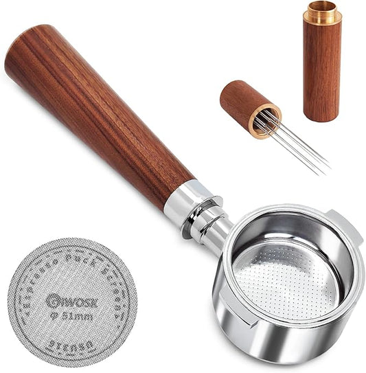 51mm Bottomless Portafilter 2 Ears Stainless Steel Espresso Portafilter Compatible with Delonghi ECP3420/EC155/BCO430/EC260 with Puck Screen Coffee Needle and Walnut Handle