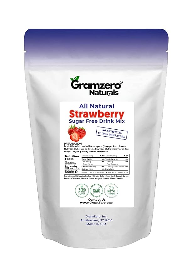 GramZero All Natural Strawberry Zero Calorie Sugar Free Drink Mix, Great For Nutrition Club Loaded Tea, Stevia Sweetened
