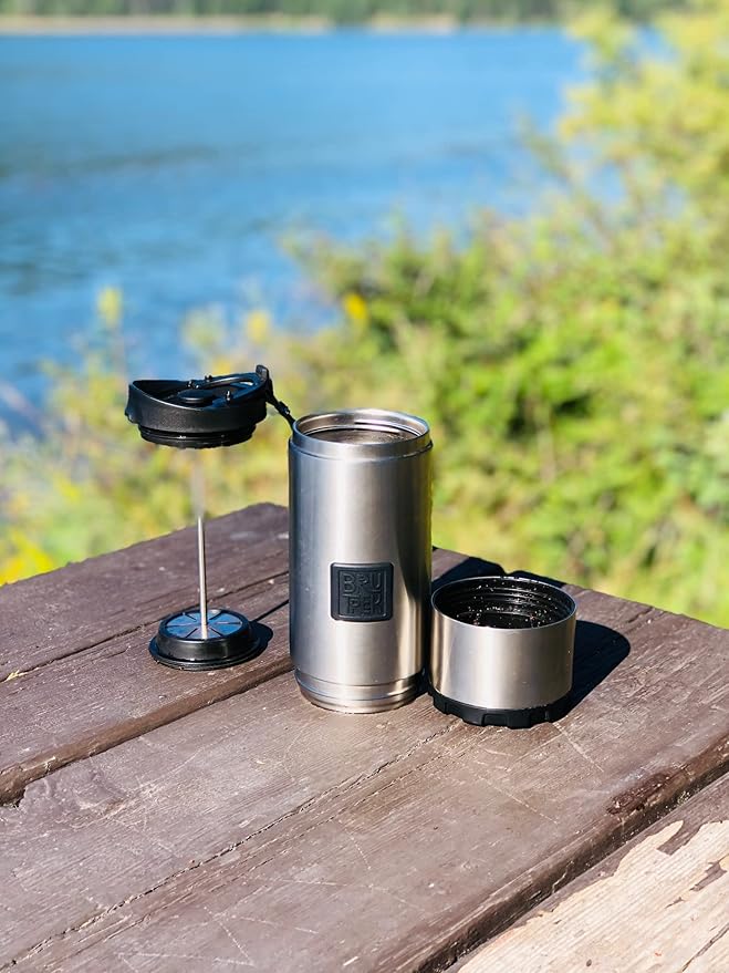 BruTrek OVRLNDR Travel Coffee French Press, 24 fl.oz Capacity, Double Wall Vacuum Insulated, Easy To Clean Removable Bottom, No Spill Lid, On The Go Coffee Brewing (Snowflake White)