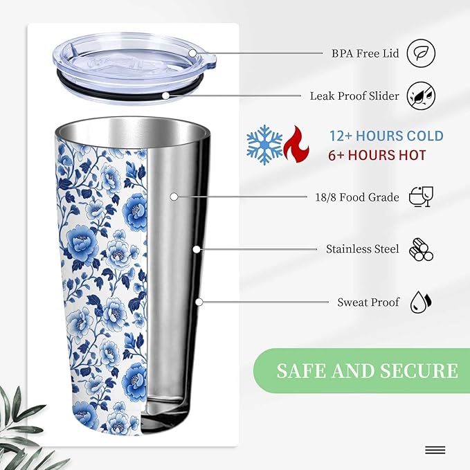 Blue Floral Tumbler 20 oz | Stainless Steel Travel Tumbler with Lid and Straw | Flower Coffee Mug for Hot & Cold Drinks | Gift for Mom Grandma | Vintage Tea Cup