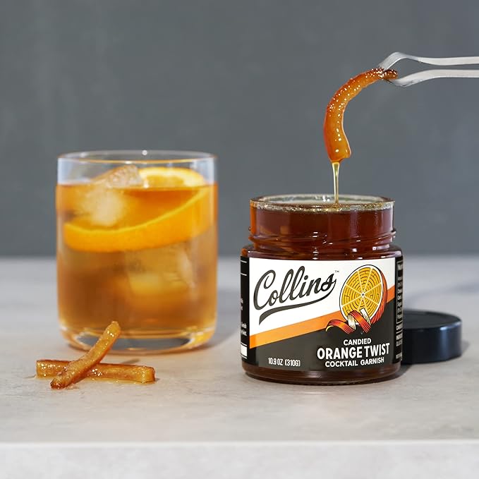 Collins Candied Fruit Orange Peel Twist in Syrup, Popular Cocktail Garnish for Skinny Margarita, Martini, Mojito, Orange Peel for Old Fashioned Drinks, Baking, Desserts, Salad, 10.9 oz