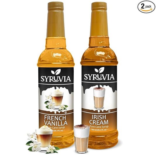 Syruvia Coffee Syrup Variety Pack - French Vanilla & Irish Cream- Gluten-Free, Kosher, 25.4 fl oz Bottles - Enhance Your Coffee Experience with Premium Flavoring Syrups