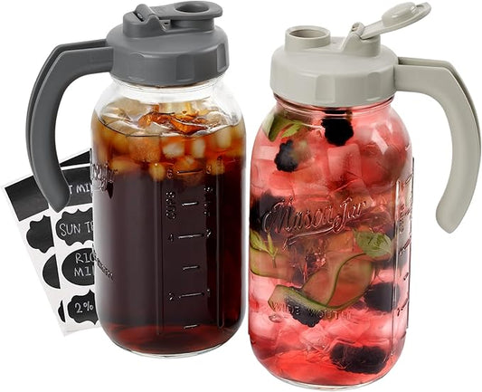 Soligt Glass Mason Jar Pitcher with Lid, Wide Mouth Flip Cap Pour Spout Leak-proof Lid with Handle, 64 oz/2 Quart, for Iced Coffee/Sun Tea Juice/Cold Brew/Milk (2 Pack, Dark Gray + Light Gray)