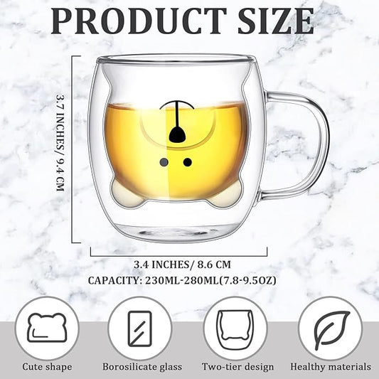 Eccliy 8 Pcs Cute Bear Mugs Bear Tea Cup 8.5 oz Double Wall Glass Honey Milk Coffee Mug with Handle Insulated Glass Espresso Cups Birthday Gift for Women Men Gift