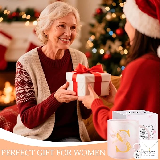 Monogrammed Christmas Gifts for Women, 11 oz Initial Ceramic Coffee Tea Mug with Necklace, Unique Birthday Gift for Her Wife Teacher Friend Mom, S