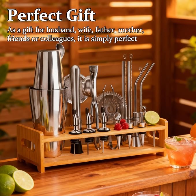 JUSTDOMI 26-Piece Stainless Steel Bar Tool Set Bartender Accessories, Cocktail Shaker Set Bartender Kit with Stand, Cocktails Kit with Muddler for Bar Accessories, Home, Party Cafe Drinks-Style 1