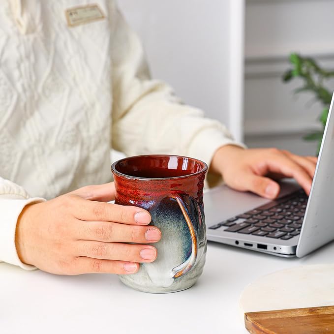 Mkour 21oz Large Ceramic Coffee Mugs, Handmade Tea Cups with Comfortable Handle for Office and Home, Microwave and Dishwasher Safe (Ink Red)