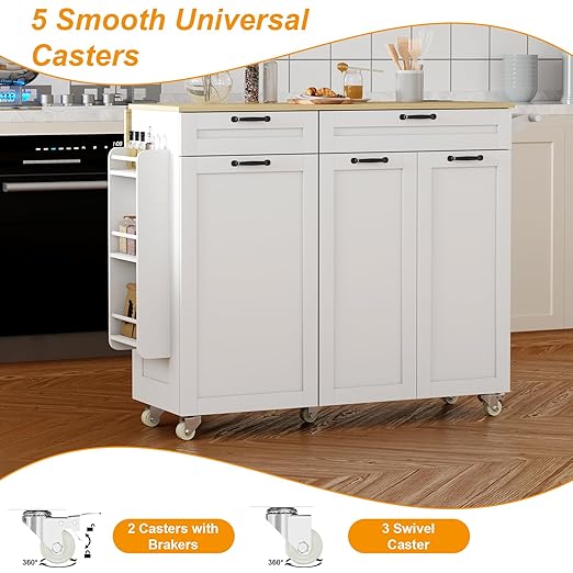 Rolling Kitchen Island with Power Outlet & Drop Leaf, Kitchen Island Cart with Trash Storage Cabinet,Kitchen Rolling Island with Spice Rack & Towel Rack, Knife Holder, Mobile Island Table for Kitchen