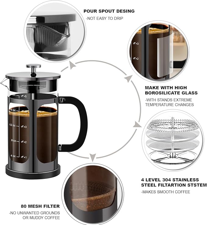 YMMIND French Press Coffee Maker (21oz 600ML 3-4Cup) Coffee Press, with 4 Filters System, Heat Resistant Thickness Borosilicate Glass, Cold Brew Coffee Tea Pot Gifts (Bright Black)