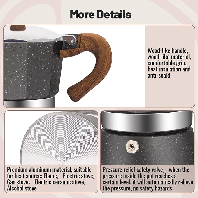 Vaolvpant 6 Cup Aluminum Moka Pot Classic Stovetop Espresso Coffee Maker 300ml 10oz Coffeemaker Percolator Mocha Pot Greca Coffee Maker Cafe Makers for Italian and Cuban Café Brewing Gray