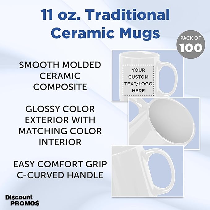 Custom Ceramic Coffee Mugs 11 oz. Set of 100, Personalized Bulk Pack - Coffee cup set, Iced coffee cup, Gaming mug - White
