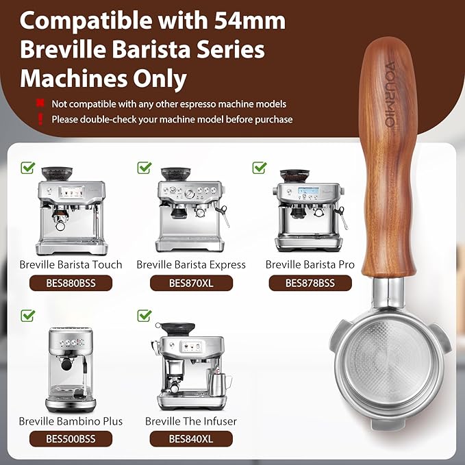VOURMIO 54mm Bottomless Portafilter - Breville Compatible Naked Portafilter, Rosewood Handle & 18-20g Filter Basket & Puck Screen Included, Fits Barista Express, Pro, Touch, Bambino Plus, Infuser
