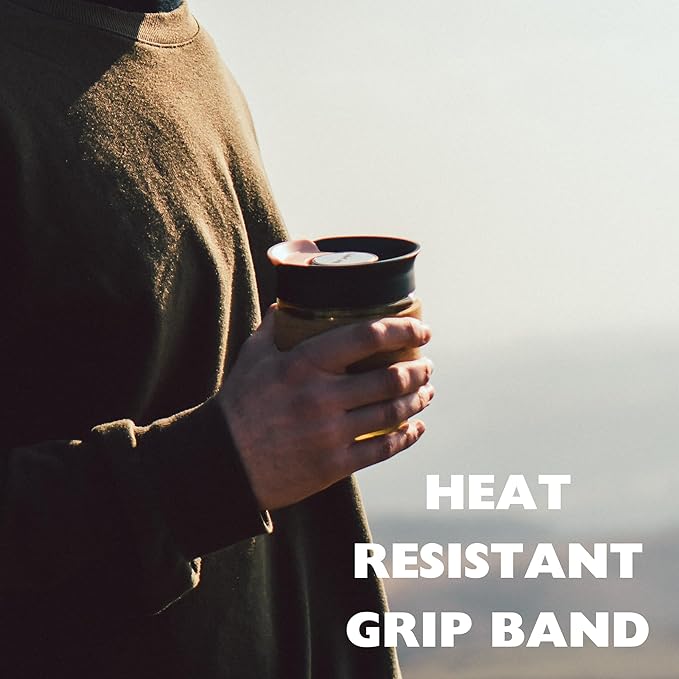 Reusable Strengthened Glass Travel Cup - Spill Proof Insulated Coffee Mug - 12oz/340ml BPA-Free Hot Drink Travel Mug with Lid & Cork Band (Gray and Pink, 12oz)