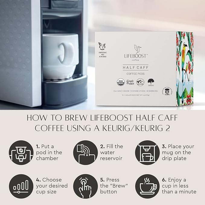 Lifeboost Half Caff Coffee K Cups - Low Acid Half Caff Coffee Pods - Non-GMO Mold Free Pods Compatible with Keurig & Keurig 2 - Third Party Tested for Mycotoxins and Pesticides - 10 Count