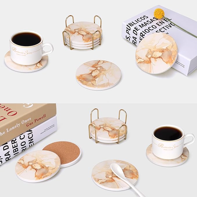 6 Pcs Gold Marble Abstract Ceramic Coasters with Holder Best Round Drink Absorbent Coaster for Desk, Lounge, Coffee Table, Wine, Beverage, Bar Coasters Set
