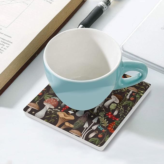 Square-4PCS Botanical Ceramic Coasters, Square Absorbent Drink Coasters, Vintage Cartoon Abstract Botanical Mushroom Plants Pattern Ceramic Table Coasters for Coffee, Beverage, Wine, Beer Coasters