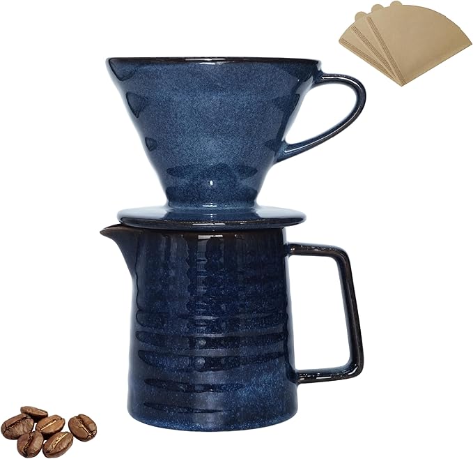 Vintage Ceramic Pour Over Coffee Maker with V60-Style Dripper and 40 Paper Filters (Blue)