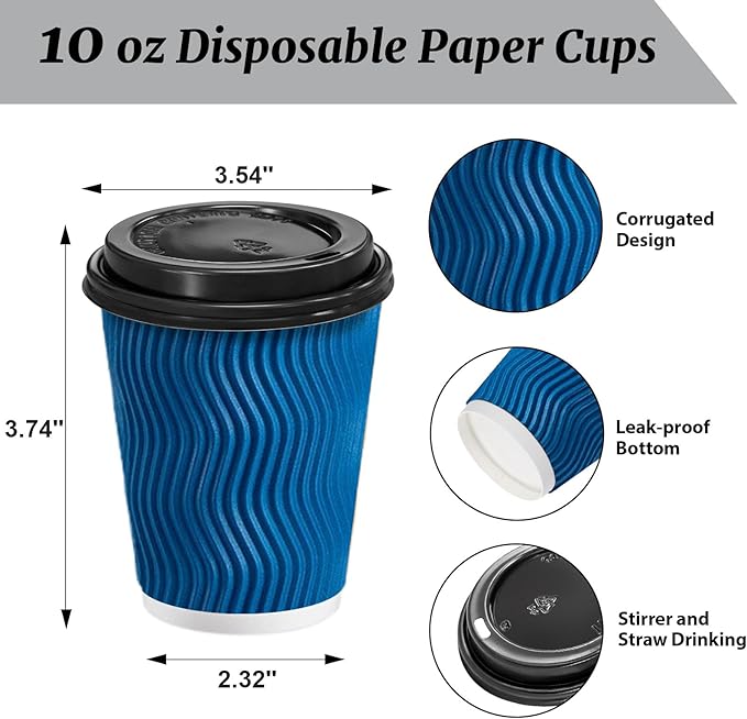 Clawsoff 100 Pack Coffee Cups with Lids 10 oz, Disposable Insulated Ripple Wall To Go Paper Coffee Cups for Hot/Cold Drinks Office Home Shop Event (Navy)