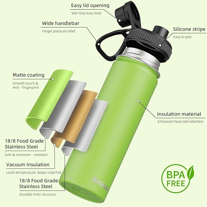 SASEUM Sport Water Bottle 22oz Stainless Steel Double Wall Vacuum Thermal Mug with Leak Proof Spout Lids, Wide Mouth Metal Insulated Water Jug for Gym and Travel（Apple Green）