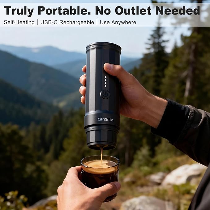 Portable Espresso Maker, Self-Heating Travel Espresso Machine, USB-C Rechargeable, for Ground Coffee & NS Capsules