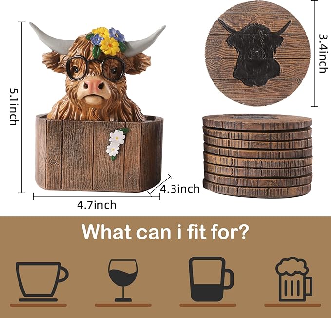 Cabin Coasters Set 6 Full Size Non-Slip Bar Coasters, Indoor Christmas Decorations, Man Cave Gifts for Men, Rustic Handmade Decor for The Home (Highland Cattle)
